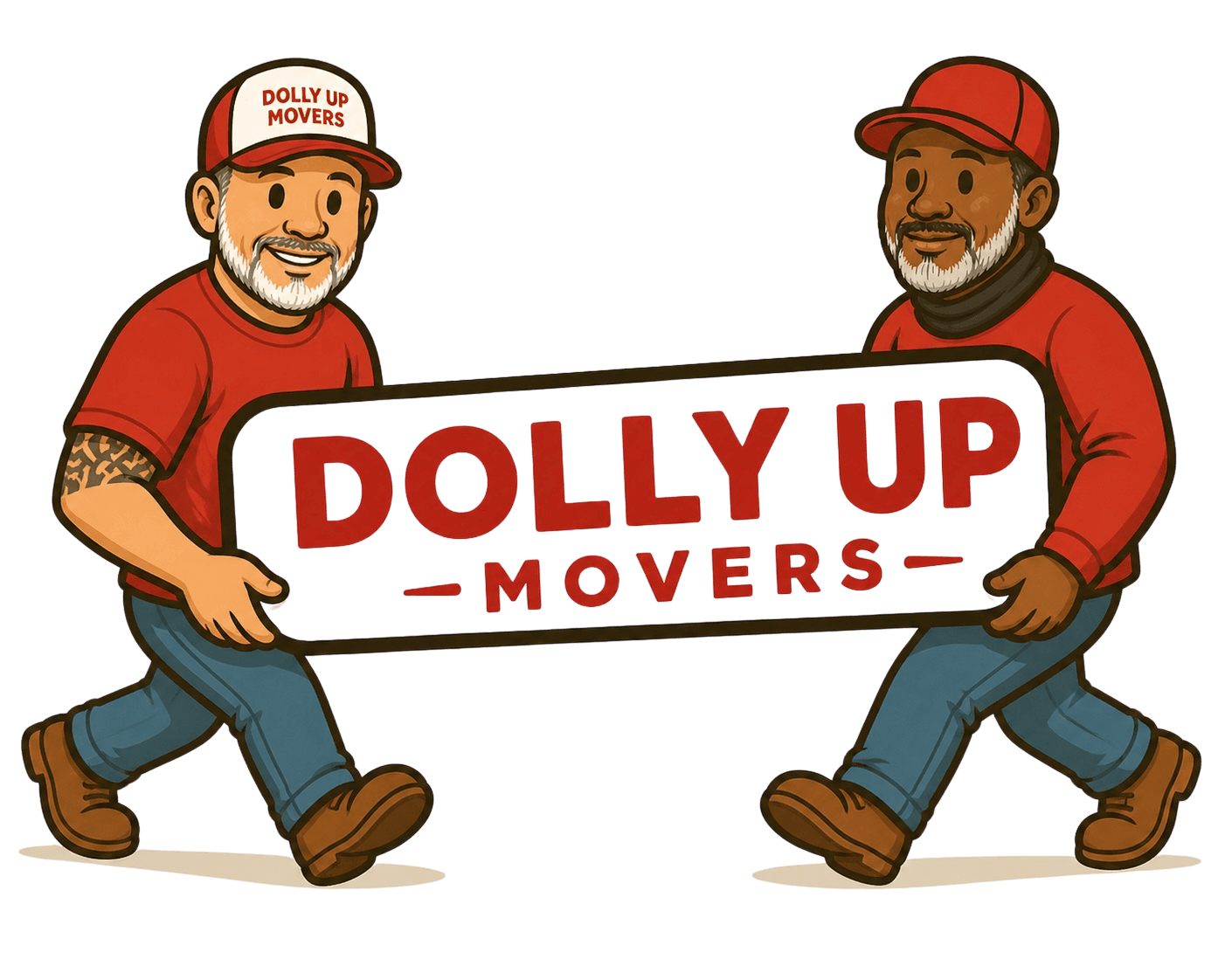 Two movers carrying the Dolly Up Movers sign.